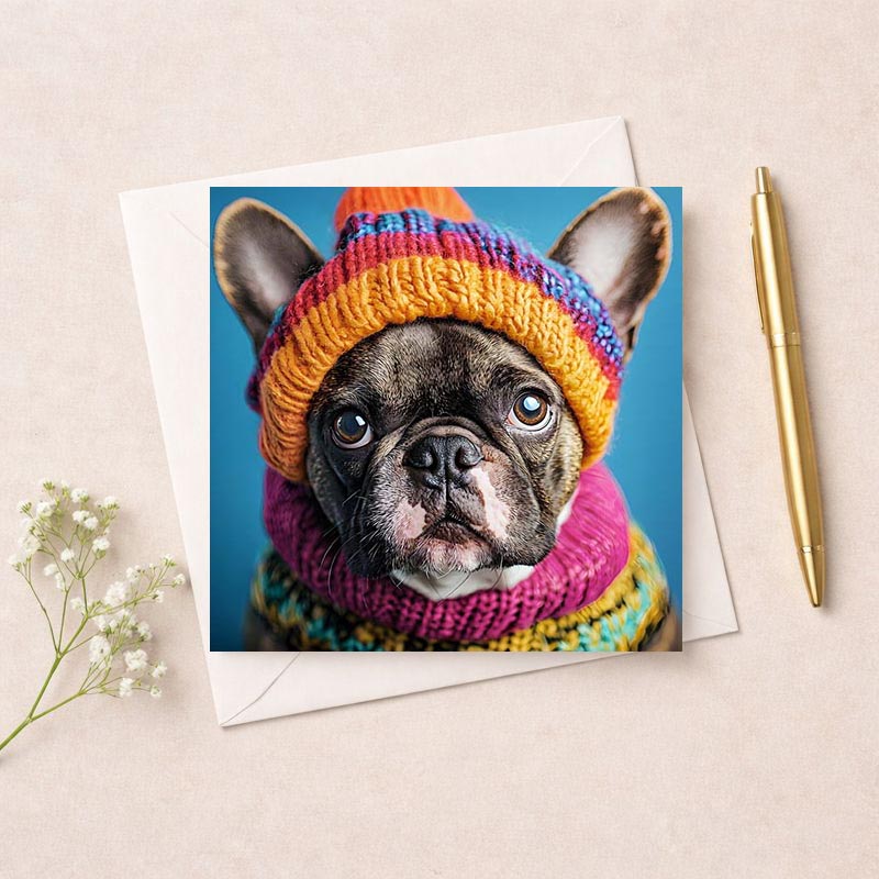 Cheerful dog in hat and scarf greetings card, sure to bring a smile. Ideal for spreading joy and warm wishes to loved ones.