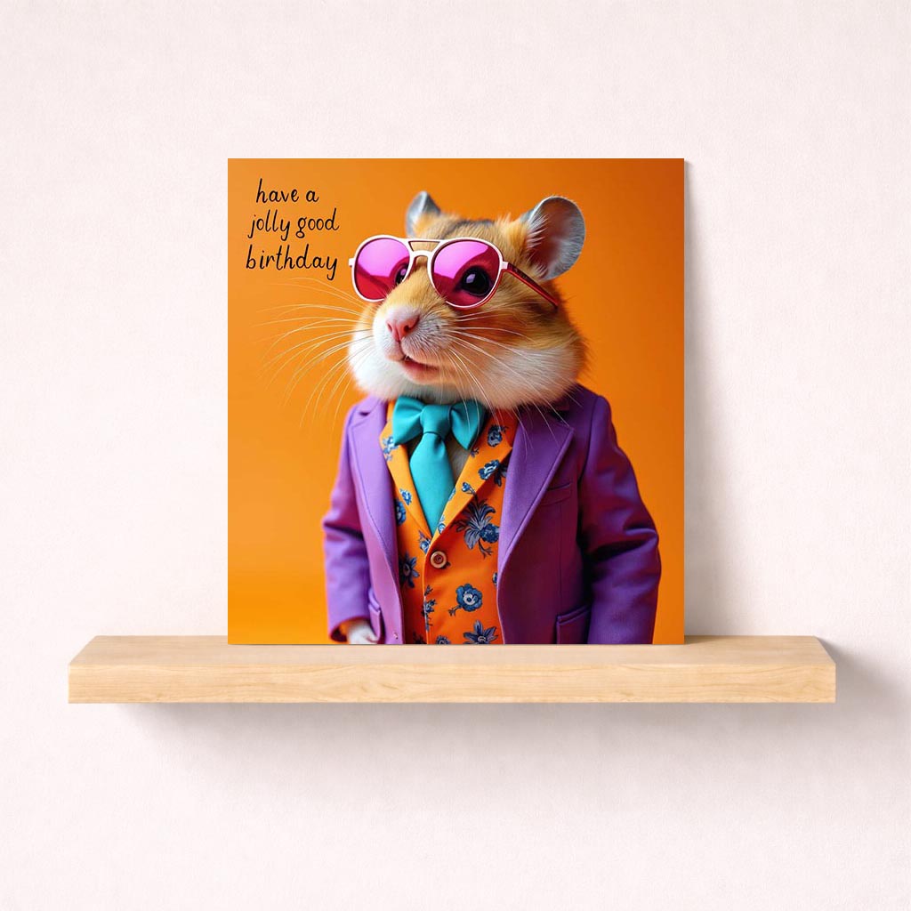 Cheerful greetings card featuring a hamster in a suit and sunglasses. Ideal for anyone who loves quirky, fun designs. Brighten someone's day!