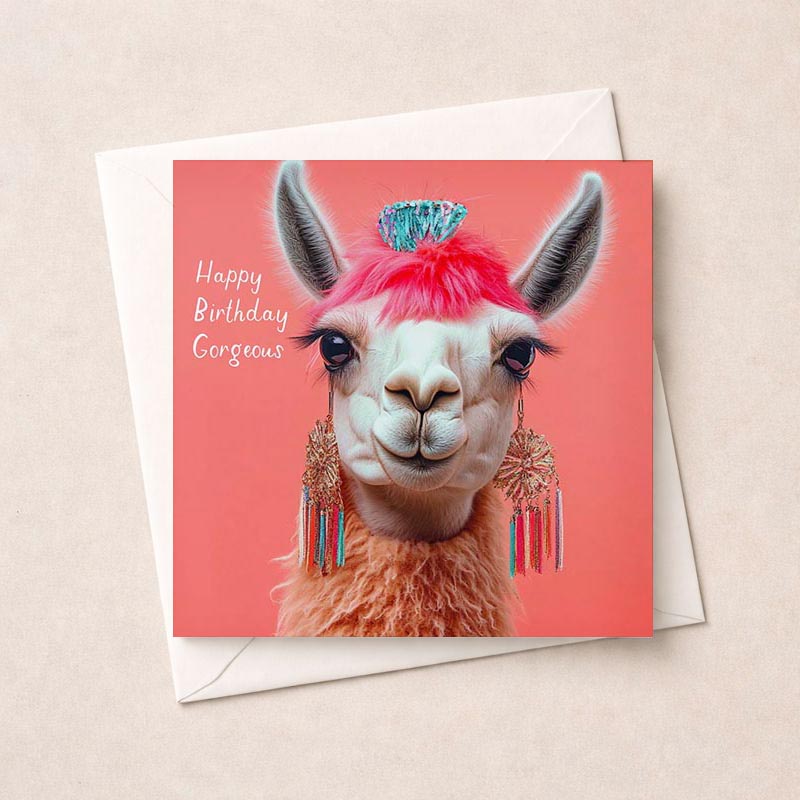 Quirky llama greetings card with funky pink mohawk brings fun and cheer. Perfect for spreading joy to friends and family.
