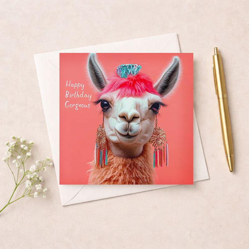 Quirky llama greetings card with funky pink mohawk brings fun and cheer. Perfect for spreading joy to friends and family.