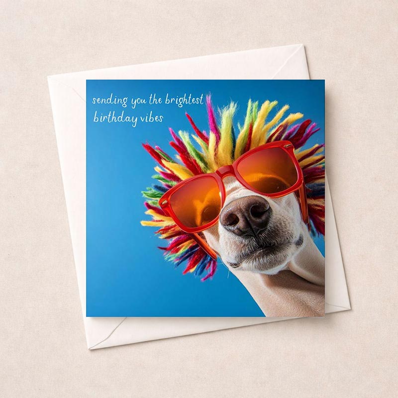 Quirky dog in colourful wig and sunglasses on greetings card, perfect for brightening someone's day. Ideal for dog lovers.