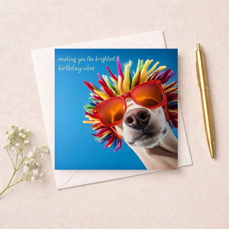Quirky dog in colourful wig and sunglasses on greetings card, perfect for brightening someone's day. Ideal for dog lovers.