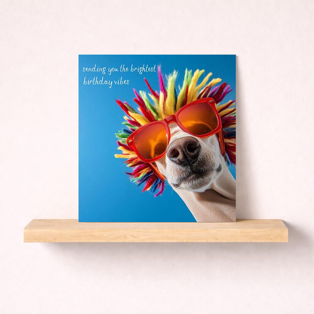 Quirky dog in colourful wig and sunglasses on greetings card, perfect for brightening someone's day. Ideal for dog lovers.