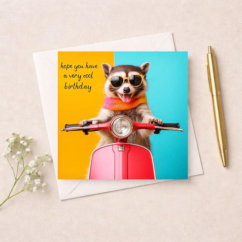 Cheerful greetings card with a cute raccoon on a scooter, perfect for birthdays or sending a happy hello.