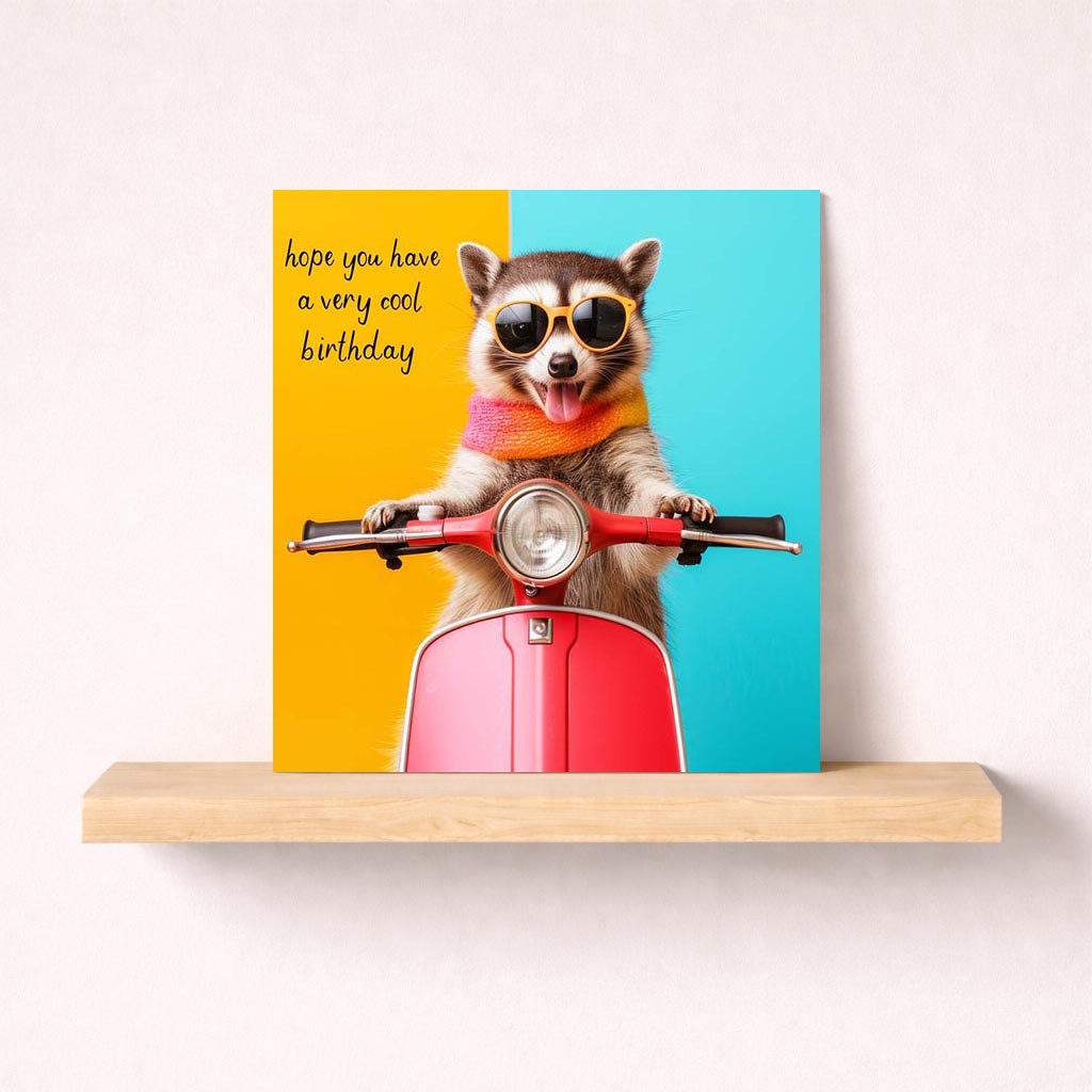 Cheerful greetings card with a cute raccoon on a scooter, perfect for birthdays or sending a happy hello.