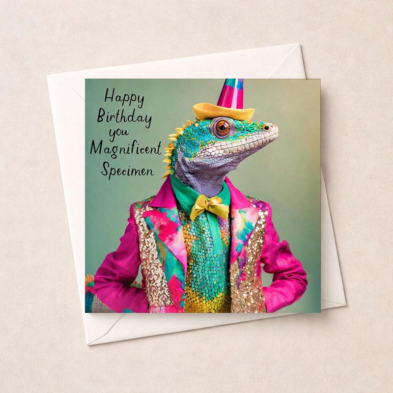 Vibrant greetings card with a lizard in a snazzy suit and hat, perfect for adding a splash of colour and laughter to someone's day.