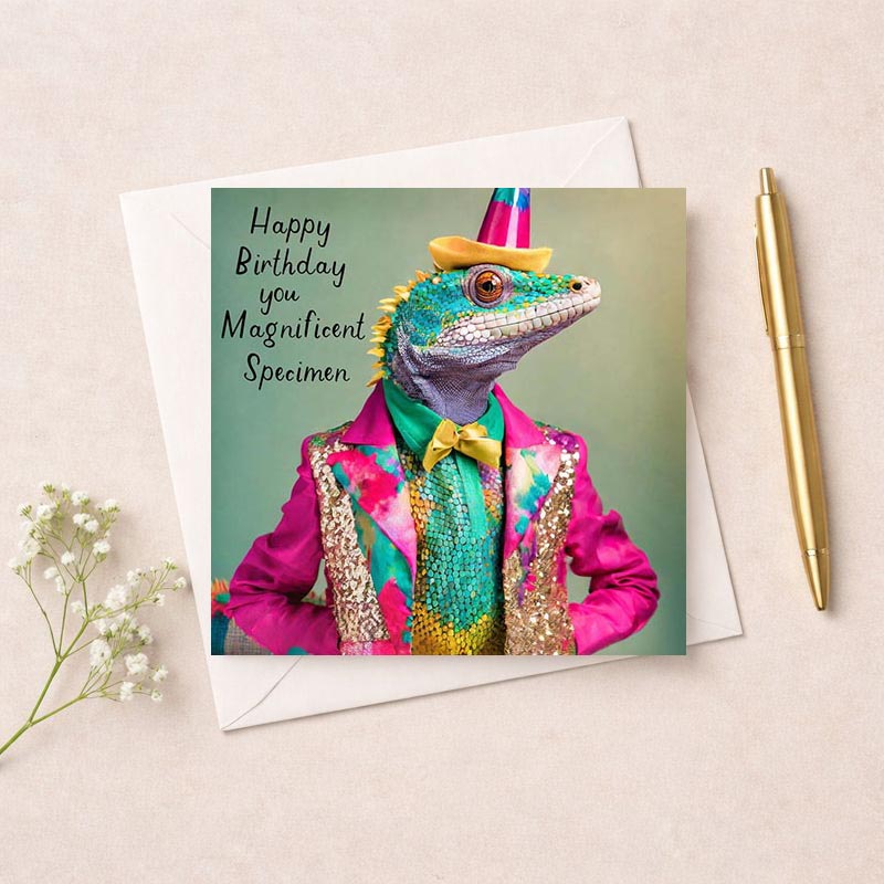 Vibrant greetings card with a lizard in a snazzy suit and hat, perfect for adding a splash of colour and laughter to someone's day.