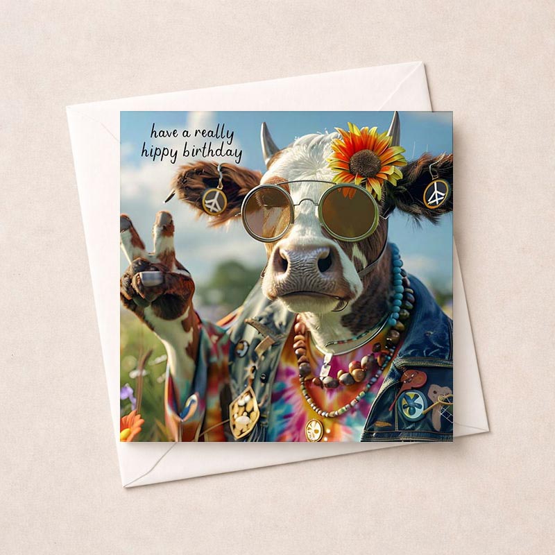 Quirky greetings card with a cow wearing sunglasses and a flower in its hair, perfect for spreading smiles and good vibes.