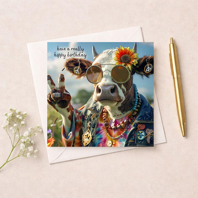 Quirky greetings card with a cow wearing sunglasses and a flower in its hair, perfect for spreading smiles and good vibes.