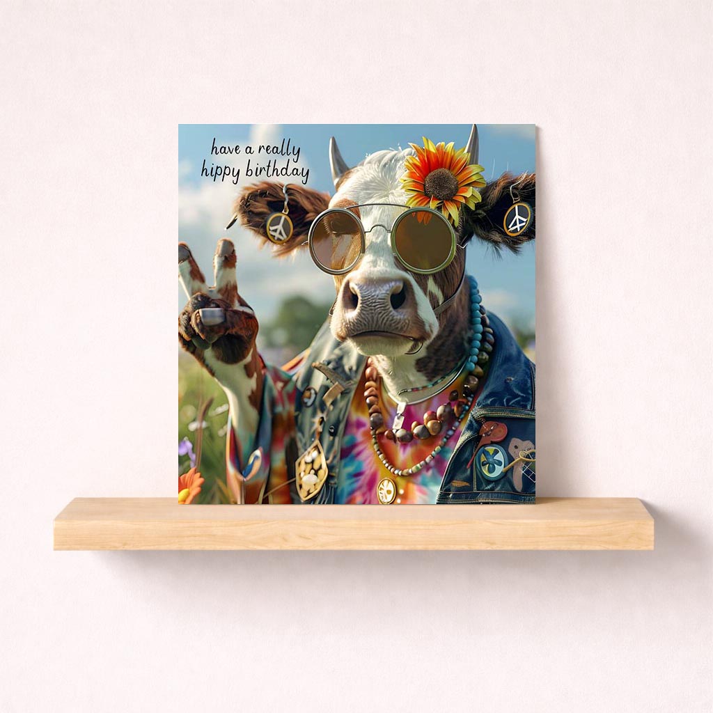 Quirky greetings card with a cow wearing sunglasses and a flower in its hair, perfect for spreading smiles and good vibes.