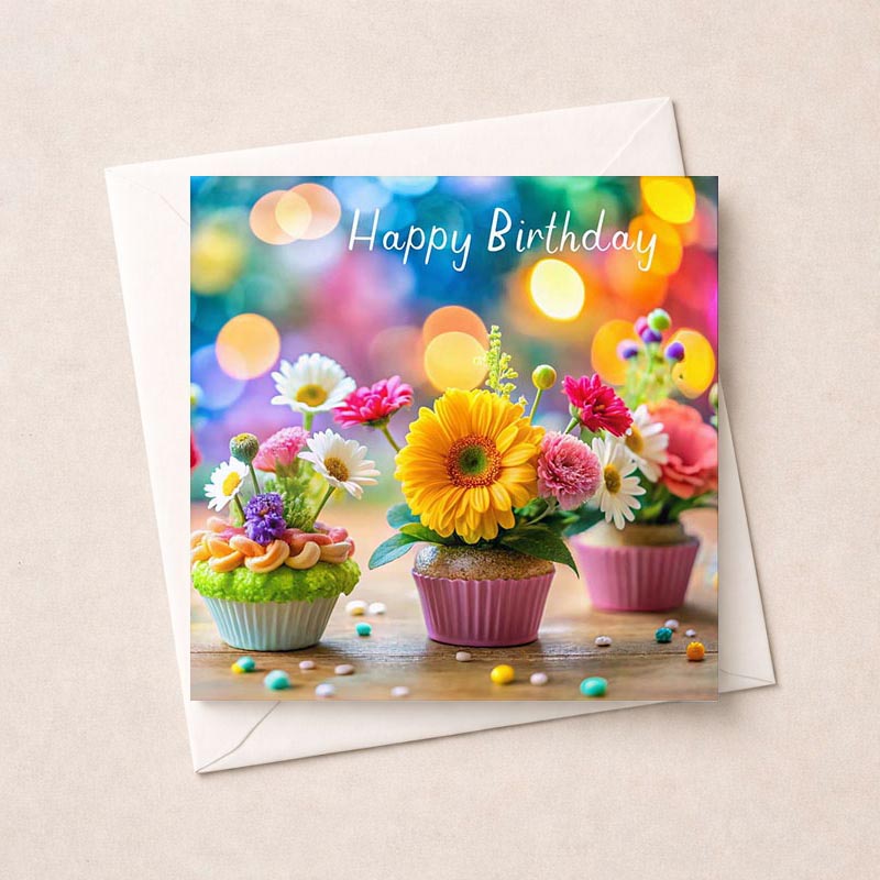 A sweet and cheerful birthday card with cupcakes and flowers, saying "Happy Birthday". Perfect for spreading joy and warm wishes.