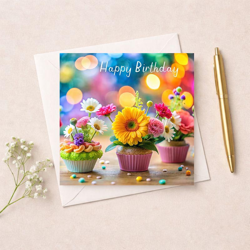 A sweet and cheerful birthday card with cupcakes and flowers, saying "Happy Birthday". Perfect for spreading joy and warm wishes.
