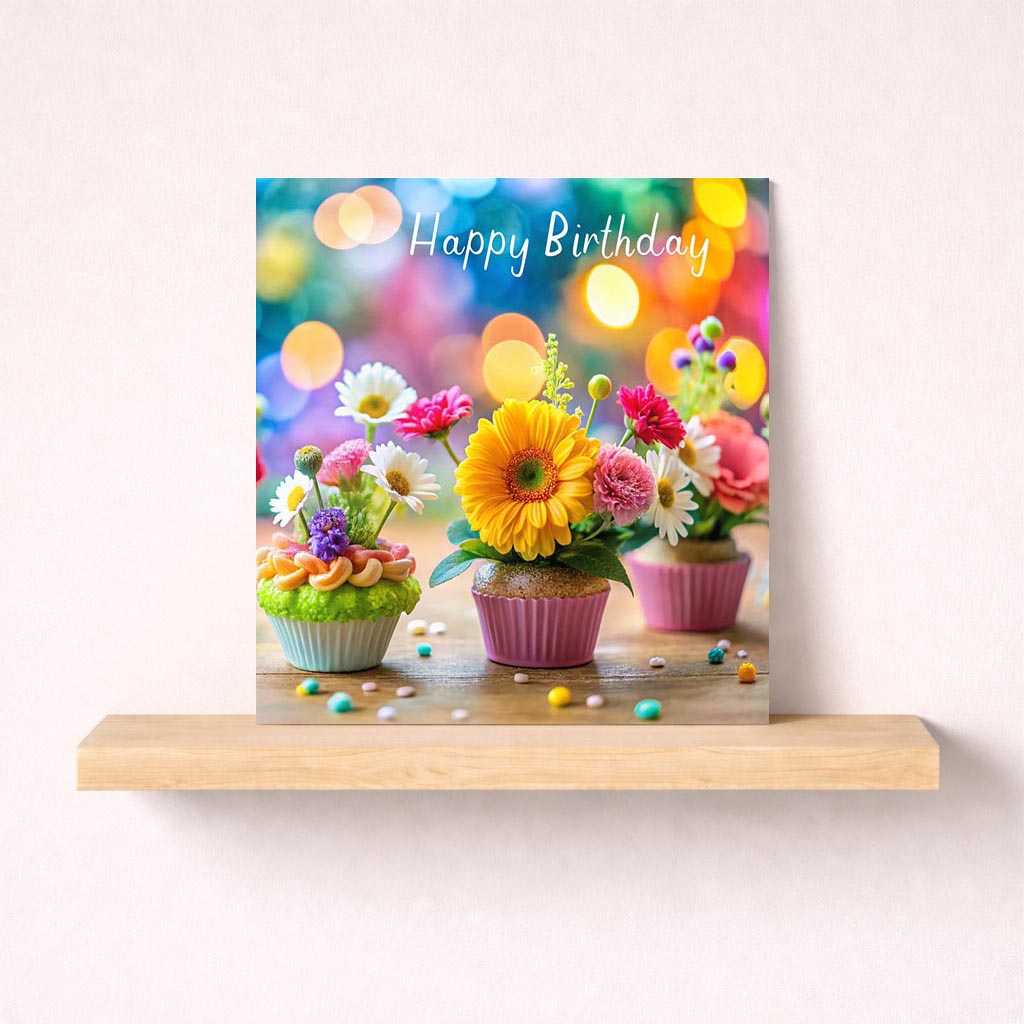 A sweet and cheerful birthday card with cupcakes and flowers, saying "Happy Birthday". Perfect for spreading joy and warm wishes.