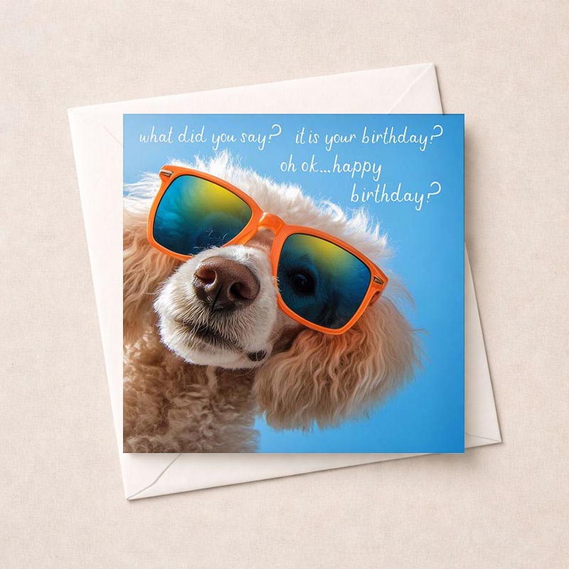 Charming greetings card with dog in sunglasses, perfect for adding fun to special day. Bright design sure to bring a smile! Spread birthday cheer with this quirky card.