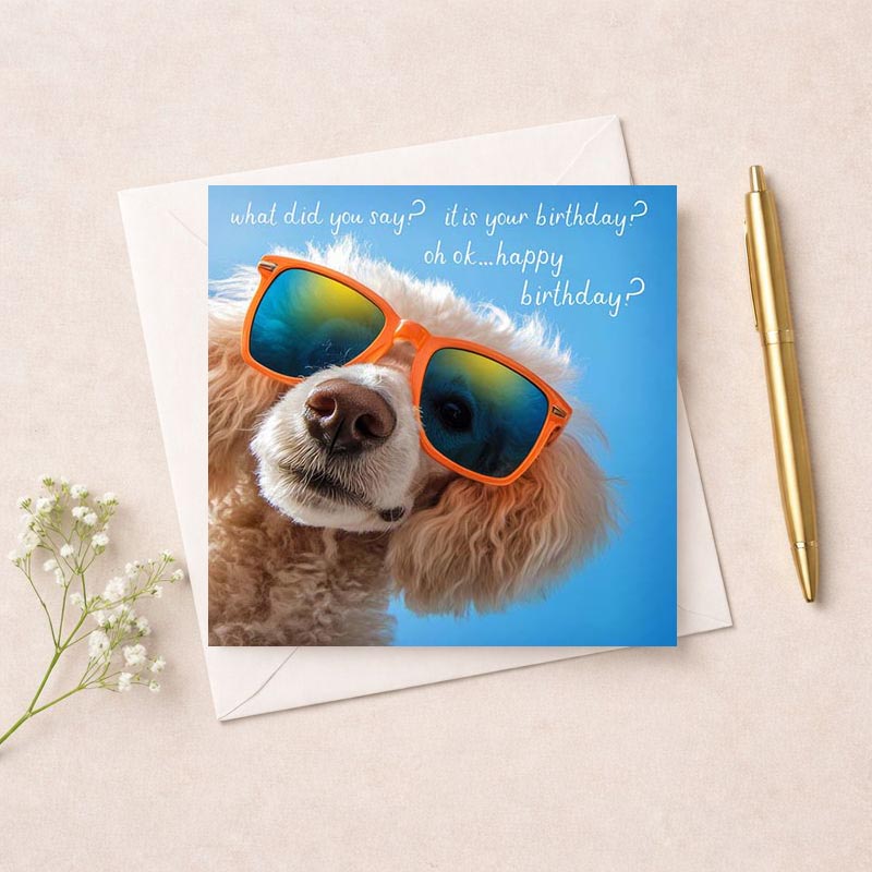 Charming greetings card with dog in sunglasses, perfect for adding fun to special day. Bright design sure to bring a smile! Spread birthday cheer with this quirky card.