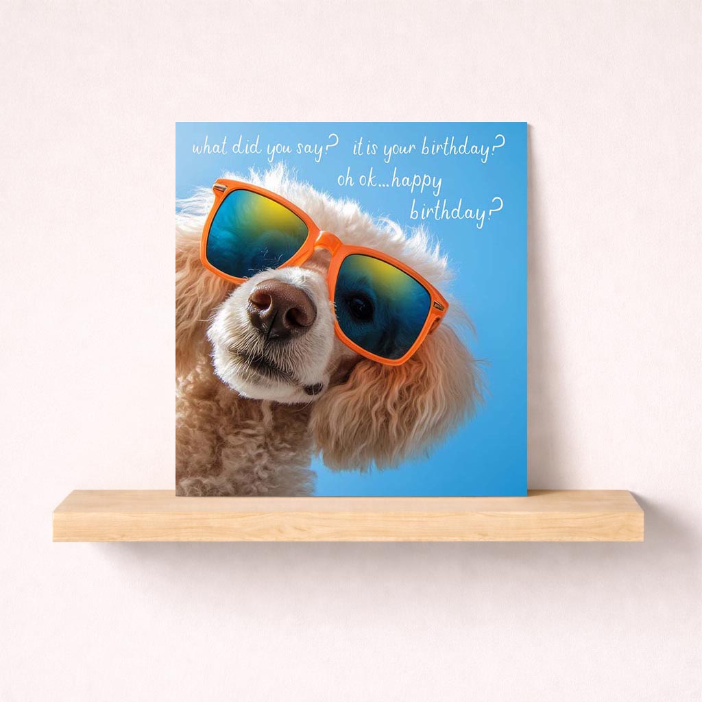 Charming greetings card with dog in sunglasses, perfect for adding fun to special day. Bright design sure to bring a smile! Spread birthday cheer with this quirky card.