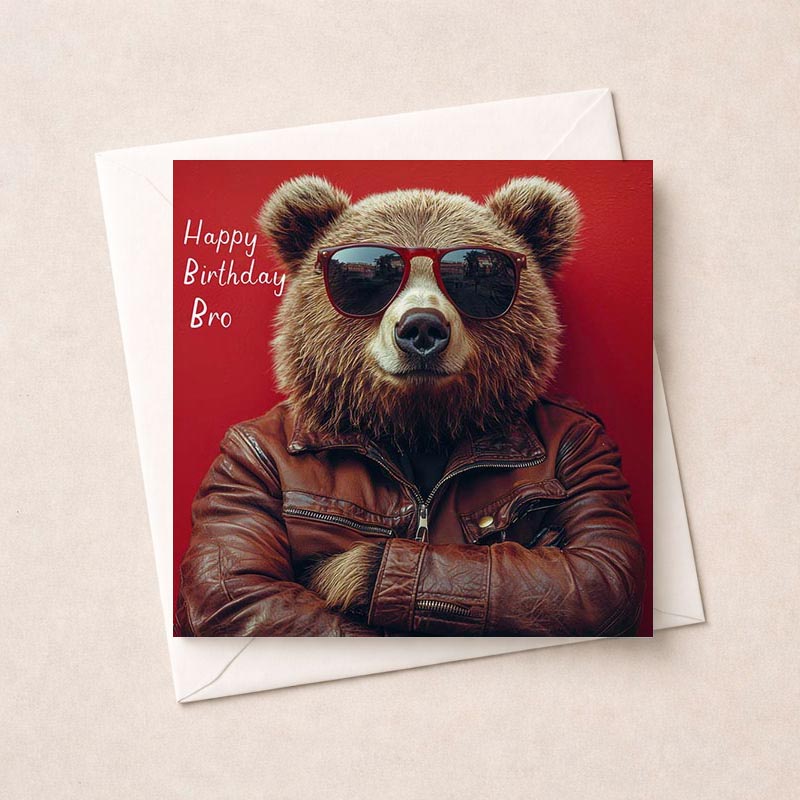 Cool bear in sunglasses and leather jacket greetings card, perfect for a fun and laid-back message to loved ones.
