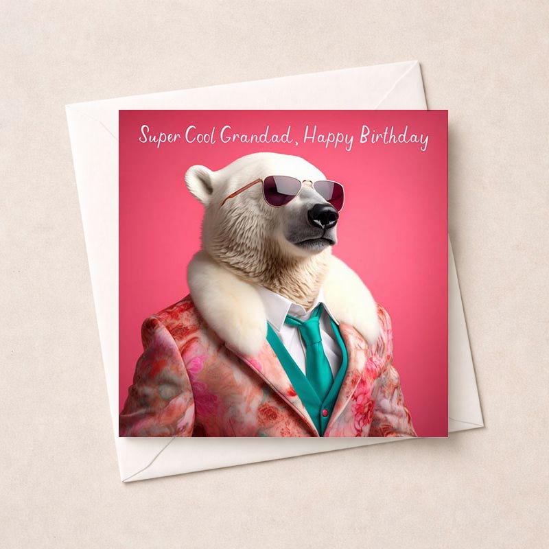 Stylish polar bear in suit and shades on pink background. Card reads: "Super Cool Grandad, Happy Birthday". Perfect for fun-loving grandads!