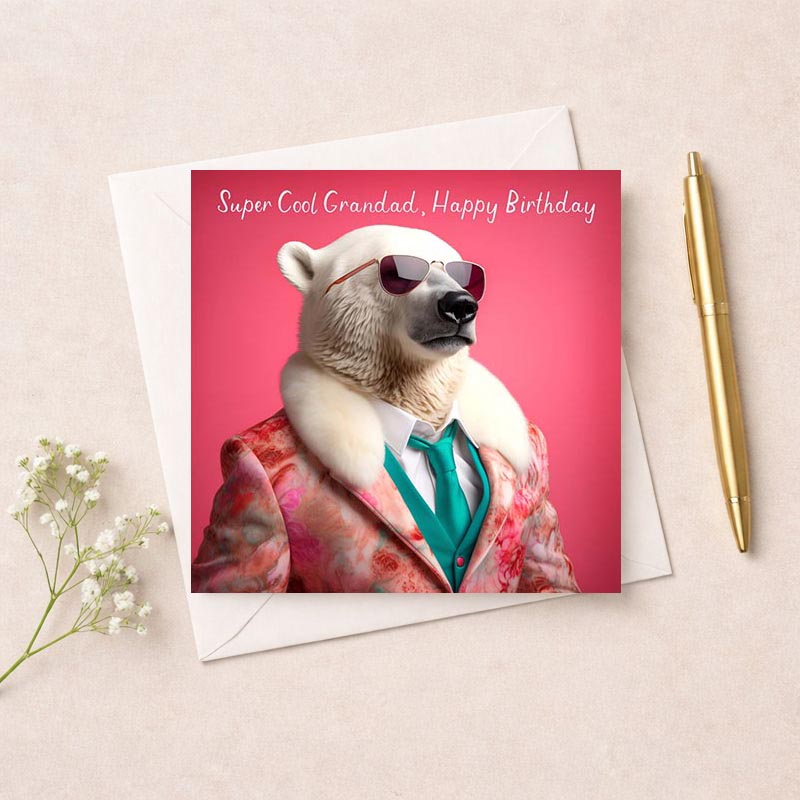 Stylish polar bear in suit and shades on pink background. Card reads: "Super Cool Grandad, Happy Birthday". Perfect for fun-loving grandads!