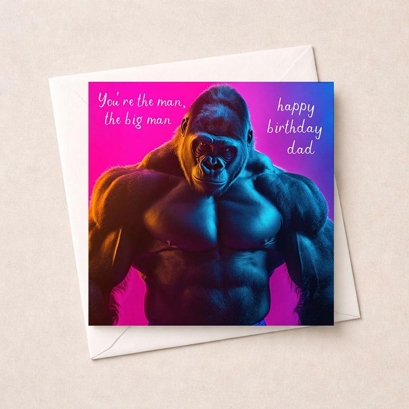 Cheerful gorilla birthday greetings card for dad; vibrant design with loving message. Ideal for bringing a smile on his special day.