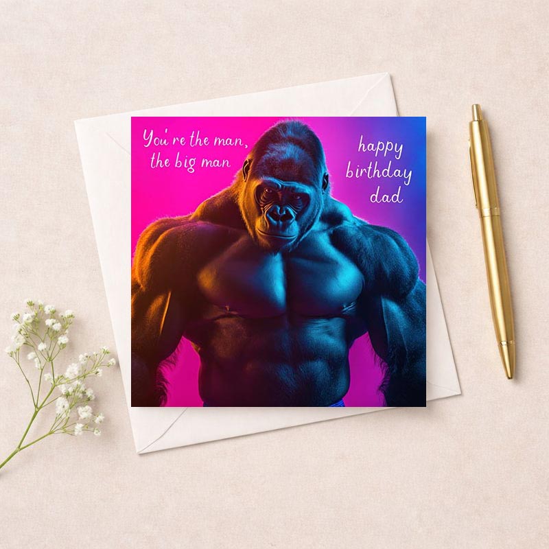 Cheerful gorilla birthday greetings card for dad; vibrant design with loving message. Ideal for bringing a smile on his special day.