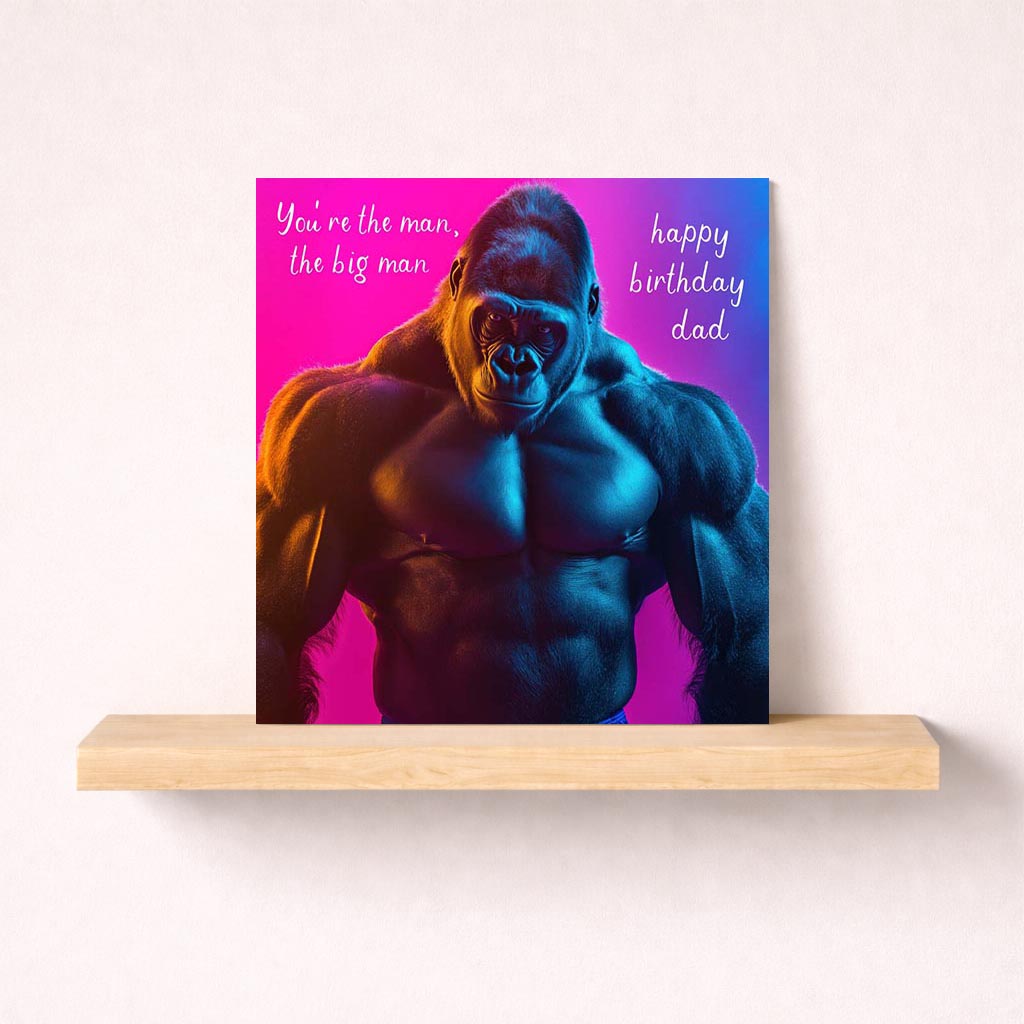 Cheerful gorilla birthday greetings card for dad; vibrant design with loving message. Ideal for bringing a smile on his special day.