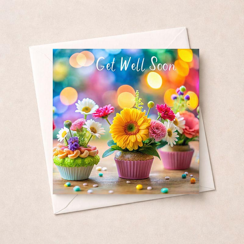 Colorful cupcake greetings card with flowers, perfect for any occasion. Spread joy and show you care with this sweet design.