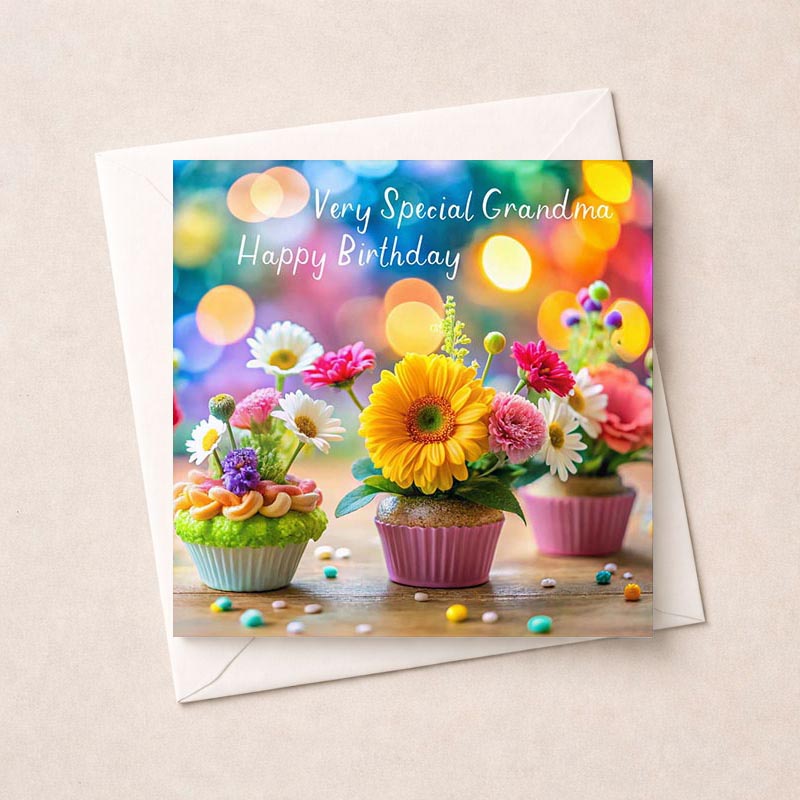 Sweet cupcakes with flowers on a greetings card, perfect for sending warm wishes. Ideal for spreading joy and love to someone special.