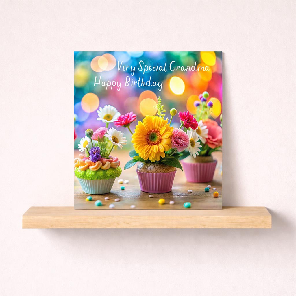 Sweet cupcakes with flowers on a greetings card, perfect for sending warm wishes. Ideal for spreading joy and love to someone special.