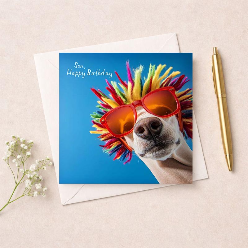 Cheerful greetings card with dog in wig and sunglasses, perfect for birthdays and bringing smiles.
