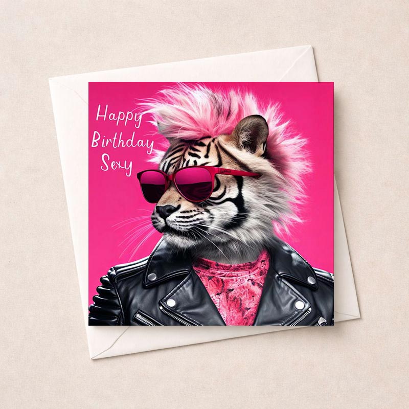 A fun tiger in a leather jacket and sunglasses on a greetings card. Perfect for all ages and occasions. Brighten someone's day with a smile!