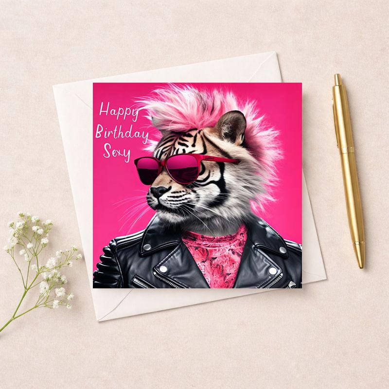 A fun tiger in a leather jacket and sunglasses on a greetings card. Perfect for all ages and occasions. Brighten someone's day with a smile!
