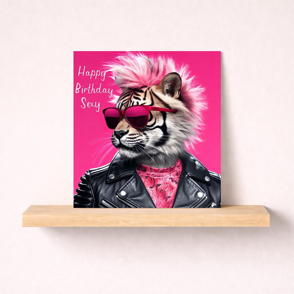A fun tiger in a leather jacket and sunglasses on a greetings card. Perfect for all ages and occasions. Brighten someone's day with a smile!