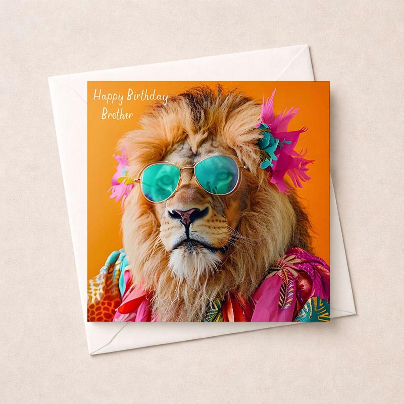 Lion greetings card with trendy sunglasses and flower crown, perfect for making your brother smile on his birthday.