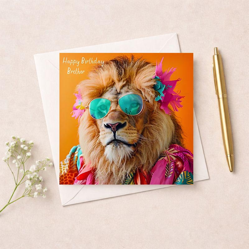 Lion greetings card with trendy sunglasses and flower crown, perfect for making your brother smile on his birthday.