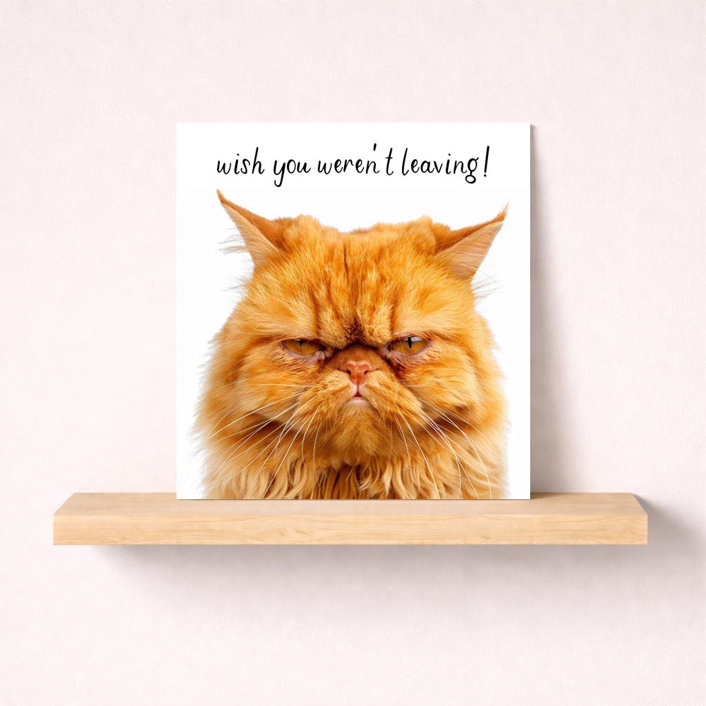 Adorable cat-themed greetings card saying "wish you weren't leaving" evokes warm sentiment, perfect for farewells and long-distance relationships.