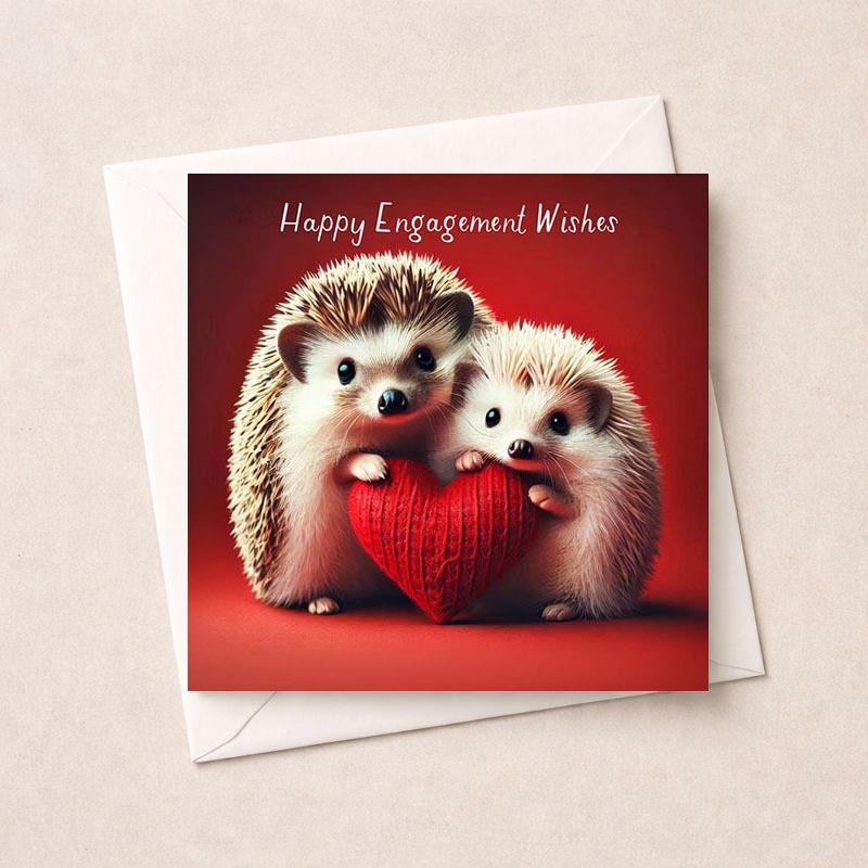 A cute hedgehog-themed engagement greetings card with two hedgehogs holding a red heart. Perfect for celebrating love and commitment.