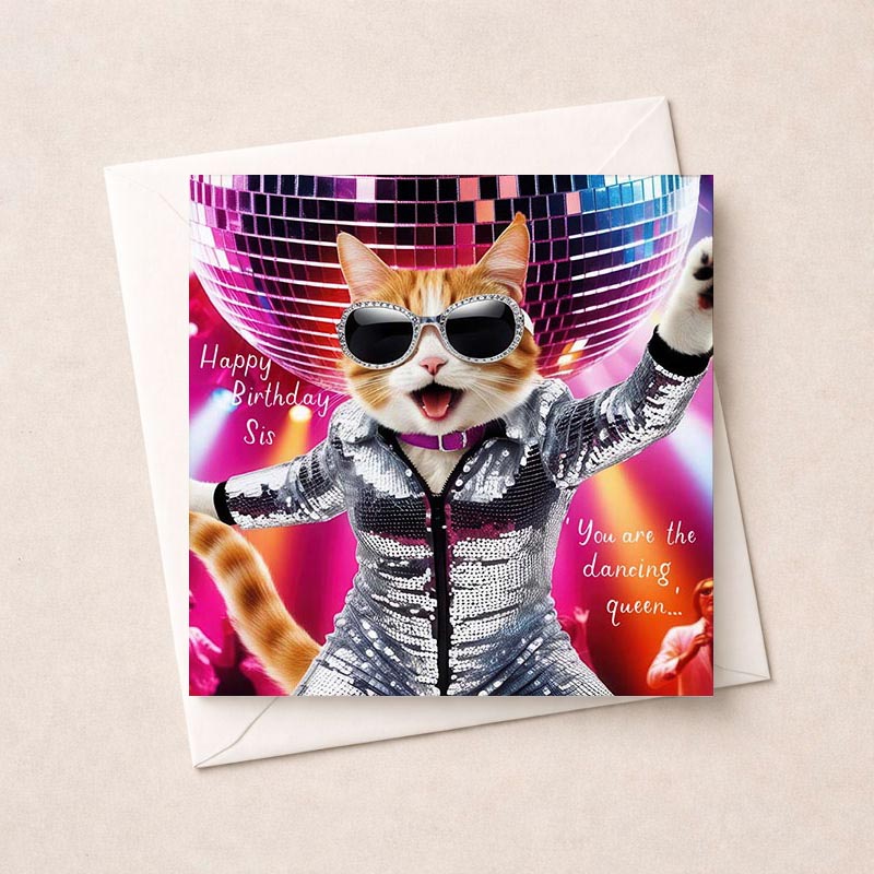 Bright, fun greetings card with a cool cat in sunglasses and disco ball. Perfect for birthdays and celebrations.