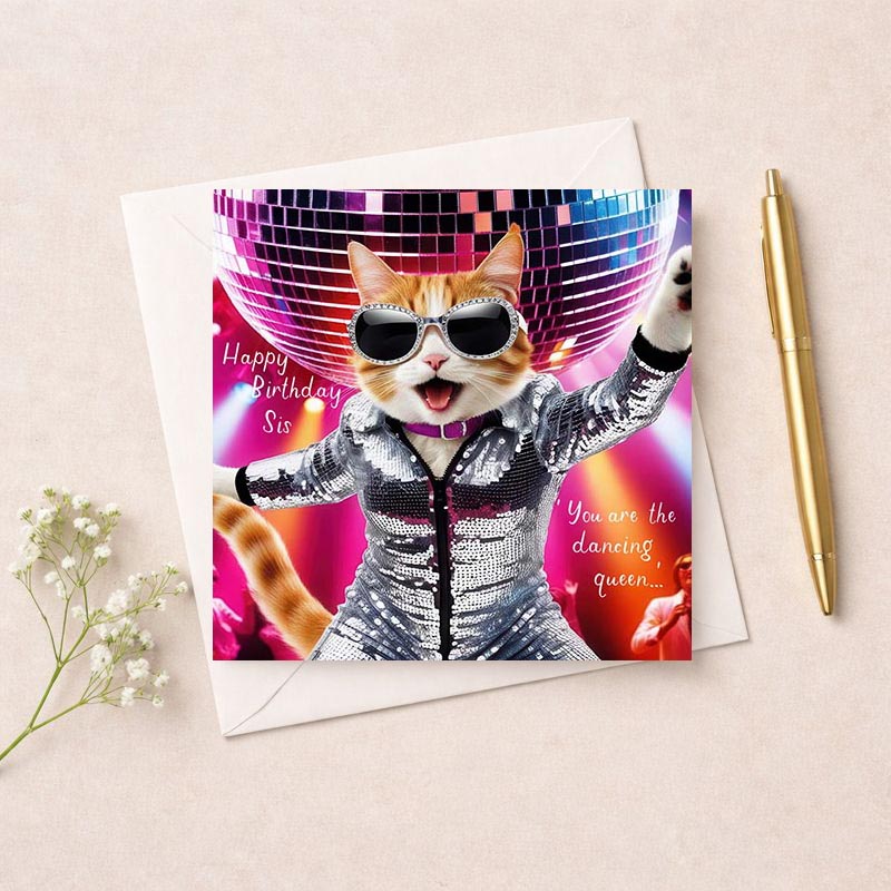 Bright, fun greetings card with a cool cat in sunglasses and disco ball. Perfect for birthdays and celebrations.