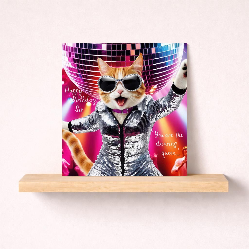 Bright, fun greetings card with a cool cat in sunglasses and disco ball. Perfect for birthdays and celebrations.
