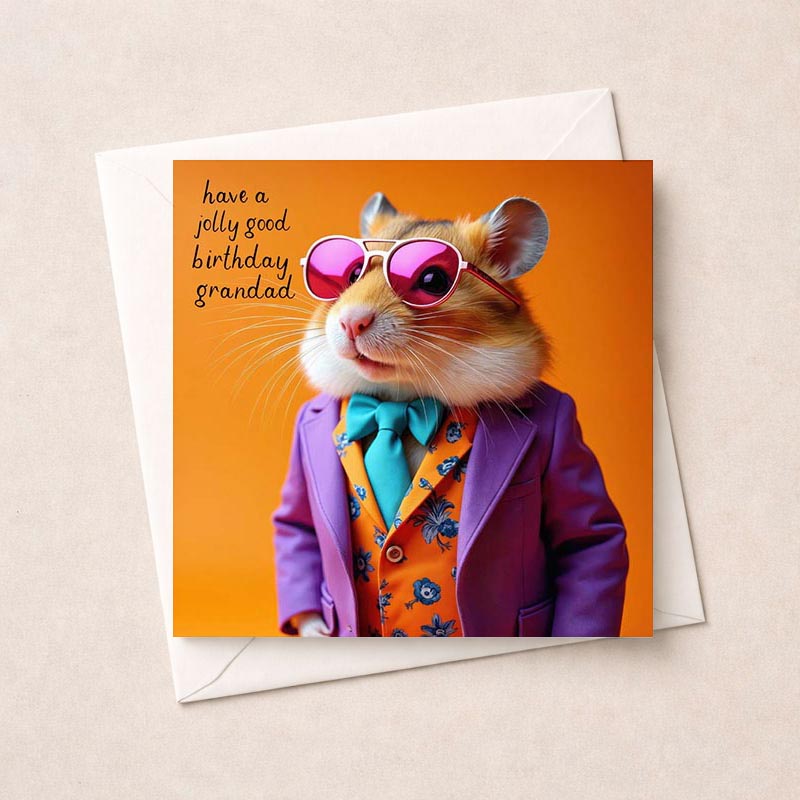 Stylish hamster in suit and shades on funky greetings card - guaranteed to bring a smile! Perfect for adding humor and fun to your greetings.