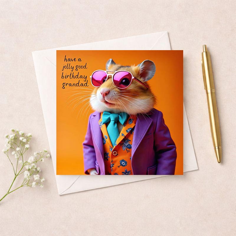 Stylish hamster in suit and shades on funky greetings card - guaranteed to bring a smile! Perfect for adding humor and fun to your greetings.