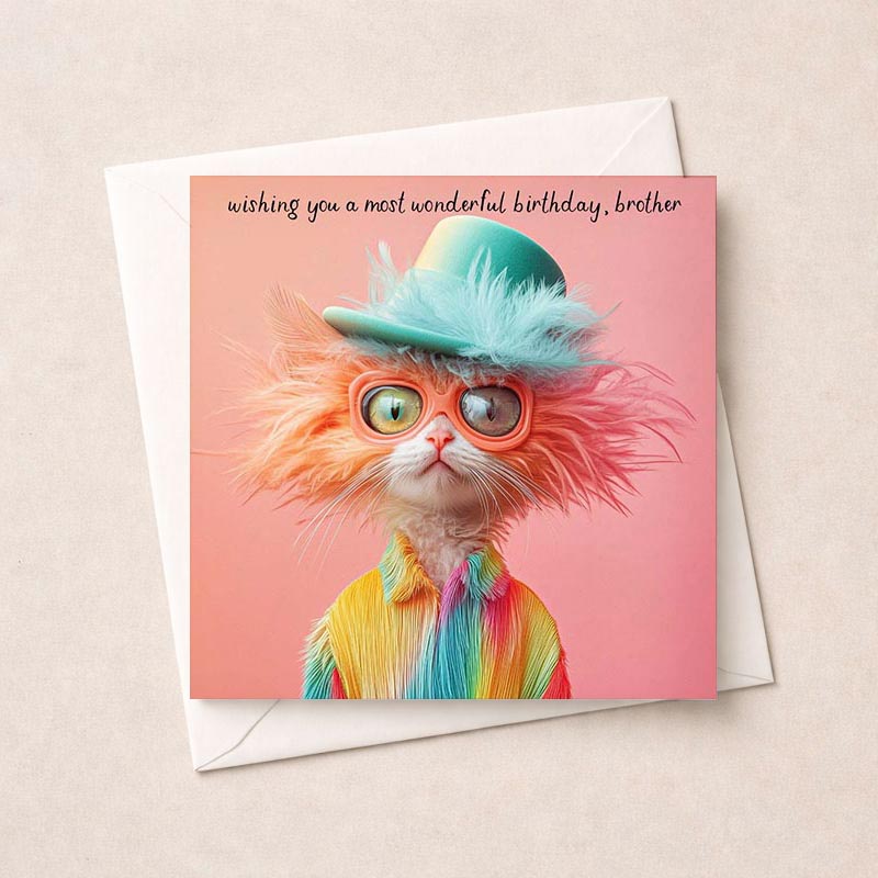 Colorful cat in hat greetings card for brother's birthday, playful and whimsical design to bring a smile on his special day.