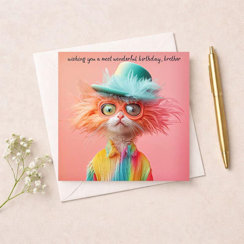Colorful cat in hat greetings card for brother's birthday, playful and whimsical design to bring a smile on his special day.