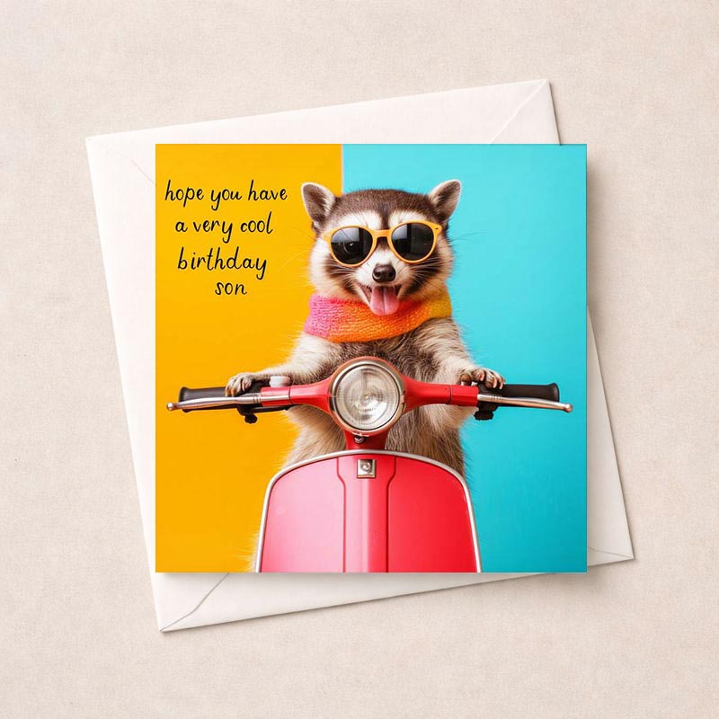 Vibrant greetings card with raccoon on red scooter, perfect for birthdays and warm wishes.