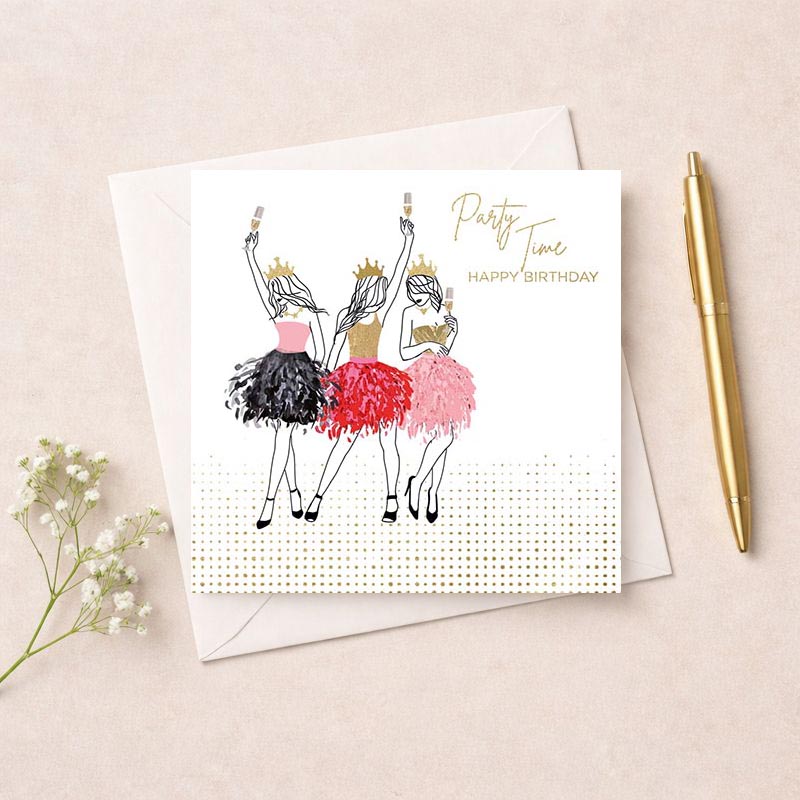 Chic greetings card with three women toasting champagne glasses. Perfect for birthdays and special occasions. Spread some joy with style!