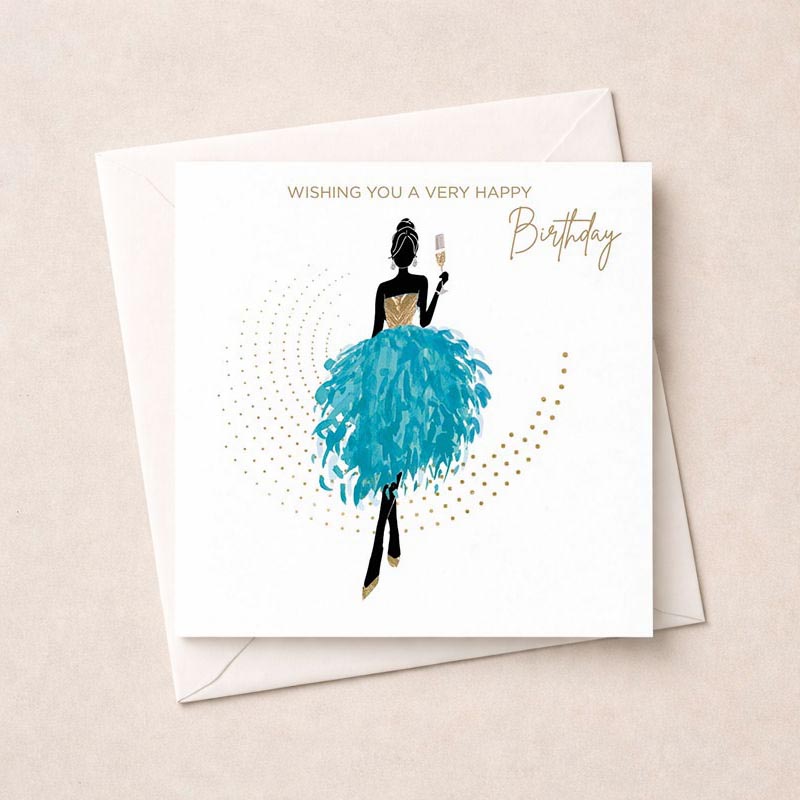 Elegant greetings card with woman in blue dress holding wine glass, gold accents, chic design for special occasions.