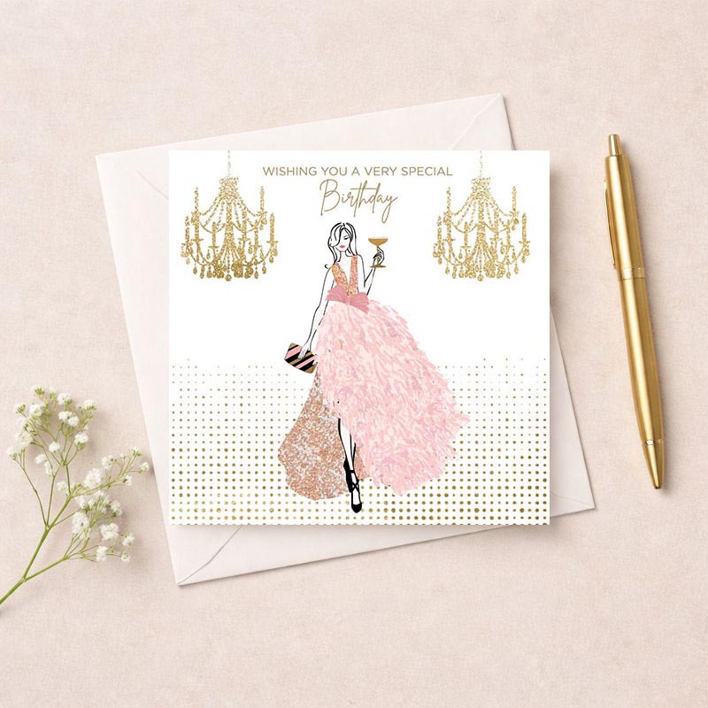 Elegant greetings card with woman in pink dress holding wine glass, gold glitter chandelier. Chic and stylish for special occasions.