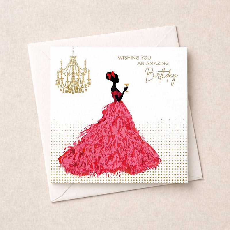 Stylish woman in pink dress holding wine glass on elegant greetings card. Perfect for sending warm wishes with a touch of glamour.