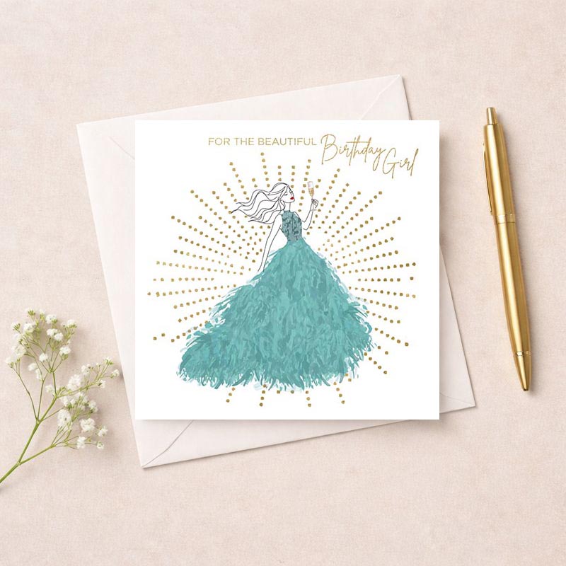 Stunning blue dress woman card with sparkly accents, perfect for special occasions. Elegant design and gold details add glamour. Ideal for birthdays, anniversaries, or showing love to someone special. Great for friends, family, or anyone who loves sophistication and charm.
